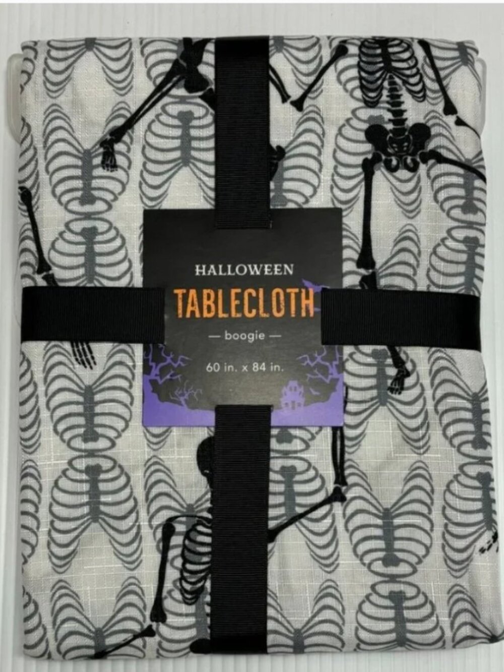 Halloween Tablecloth Cloth White Black Gray Dancing Skeletons Oblong 60"x84"